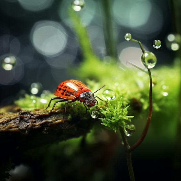 Ladybug on Moss Covered Branch