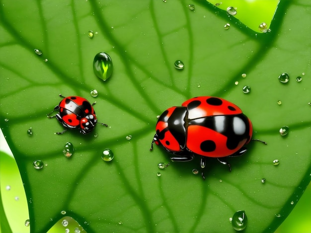 Ladybug op groen blad met waterdruppels Generatieve AI-illustratie