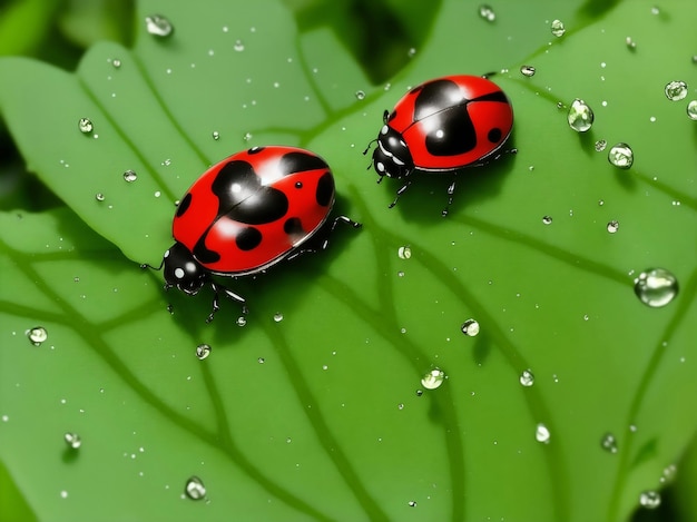 Ladybug op groen blad met waterdruppels Generatieve AI-illustratie