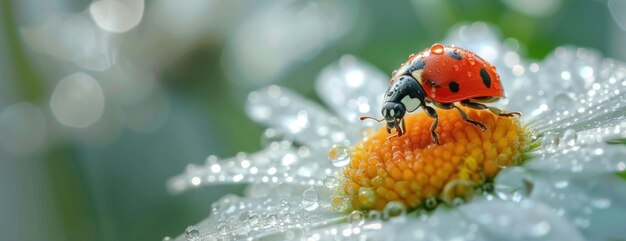 Ladybug Perched on DewCovered Daisy Flower