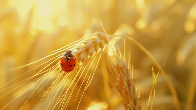Ladybug perched on wheat stalk