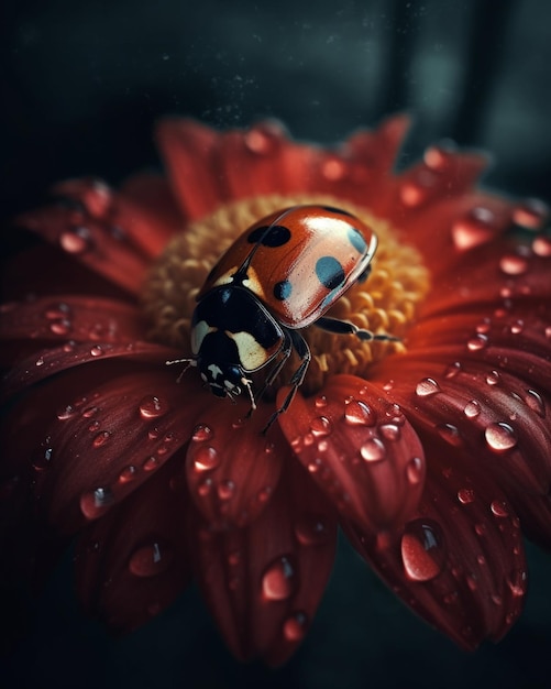 A ladybug on a red flower with water droplets on it