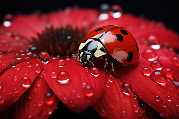 Foto coccinella su fiore rosso con gocce d'acqua foto macro di primo piano coccinella su petalo di fiore con gocci d'acqua ai generato