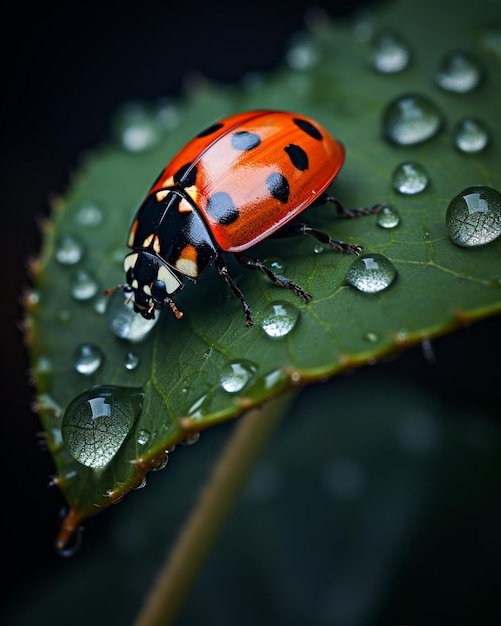 Ladybug Rests on Leaf with Glistening Wings