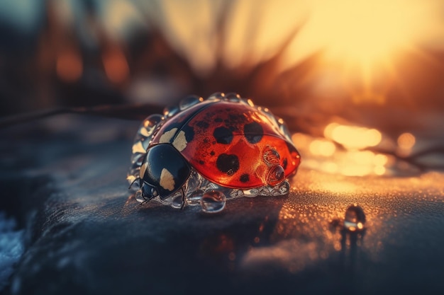 A ladybug sits on a black surface in the sun