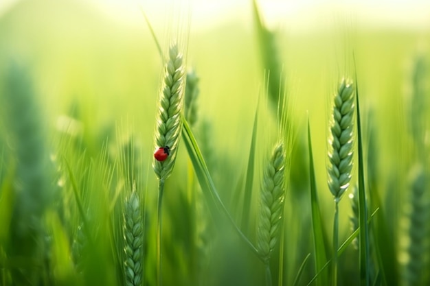 A ladybug sits in a field of wheat.