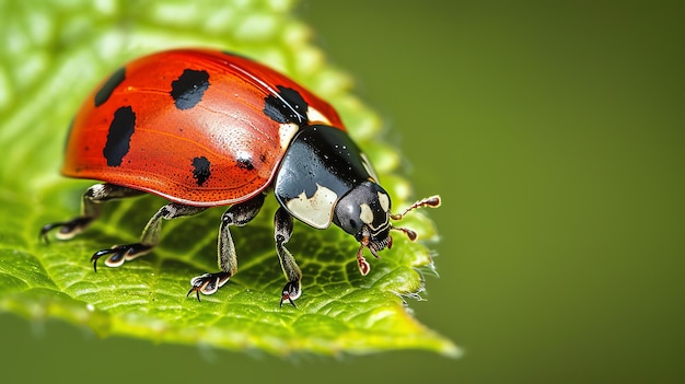 A ladybug sits on a green leaf The ladybug is red with black spots The leaf has a serrated edge The background is blurred