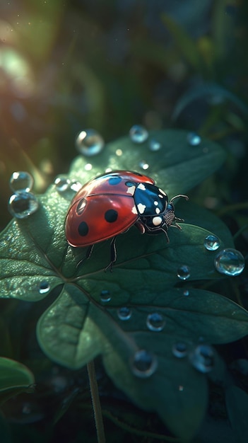 A ladybug sits on a green leaf in the sun.