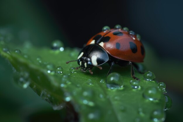 A ladybug sits on a green leaf with water droplets on it.