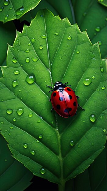 Foto una ladybug si siede su una foglia verde con gocce d'acqua