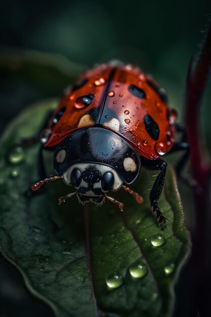 A ladybug sits on a leaf with raindrops on it.