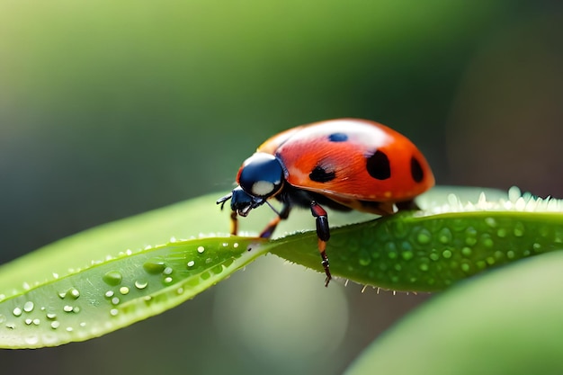 A ladybug sits on a leaf with water droplets on it.