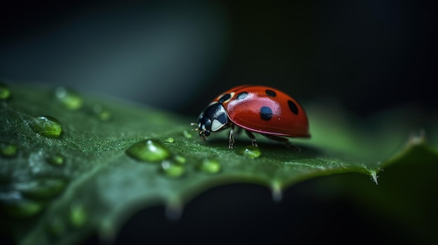 A ladybug sits on a leaf with water droplets on it.