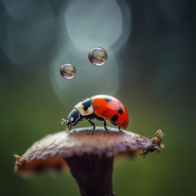 A ladybug sits on a mushroom with water droplets on it.