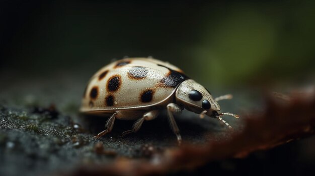 A ladybug sits on a piece of wood.