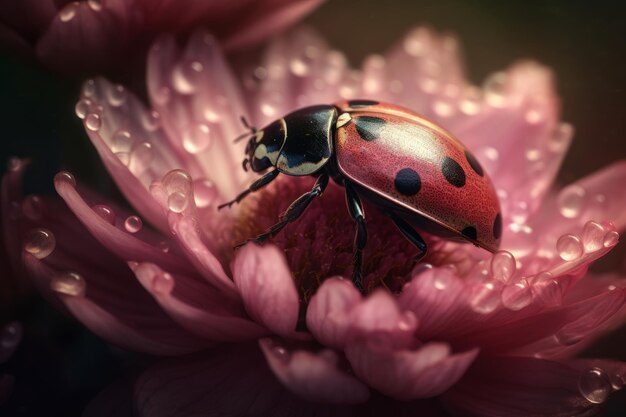 てんとう虫がピンクの花の上に座っています。