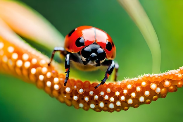 Foto una coccinella si siede su una pianta con macchie bianche sulla faccia.