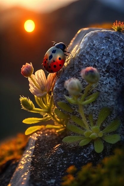 A ladybug sits on a rock in the sun