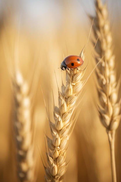 Ladybug on a spike of wheat on a farm field Macro shot with shallow depth of field Generated with AI