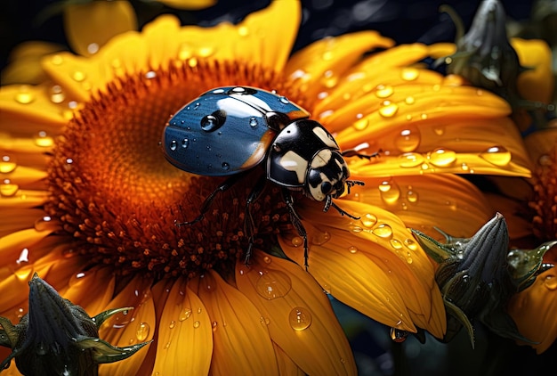 Photo ladybug on a sunflower in the style of realistic and hyperdetailed renderings