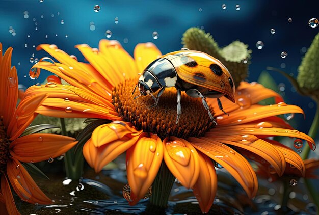 ladybug on a sunflower in the style of realistic and hyperdetailed renderings