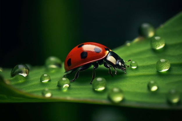 녹색 잎에 생성 된 ladybug와 물방울