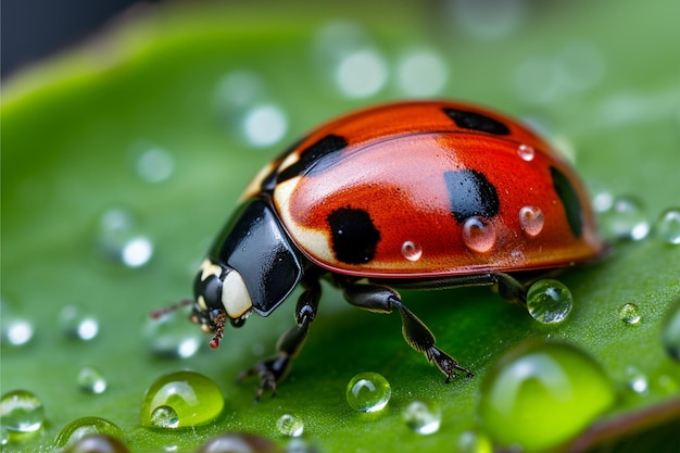 Ladybug on a wet leaf