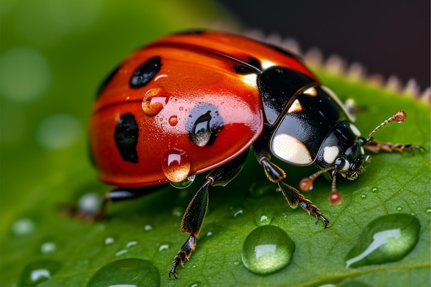 Ladybug on a wet leaf