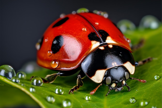 Ladybug on a wet leaf