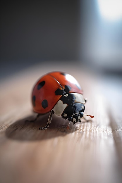 Ladybug on white wooden background ai