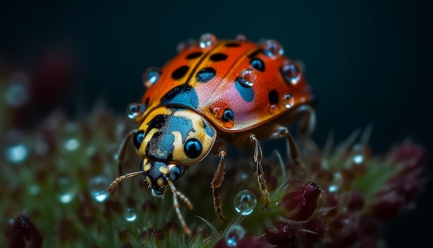 A ladybug with a black background and a red and orange body is covered in water droplets.