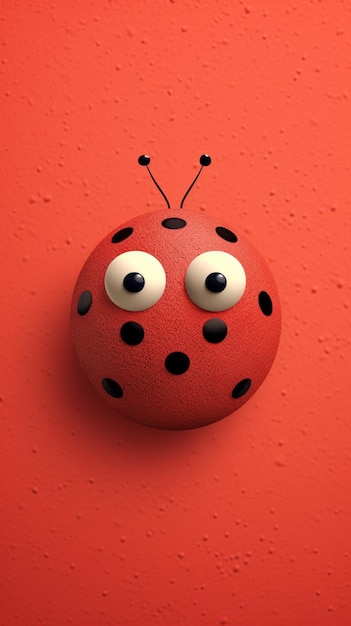 A ladybug with black eyes and a red background