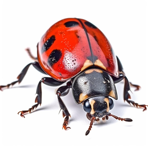 A ladybug with black and red markings on its body is shown against a white background.