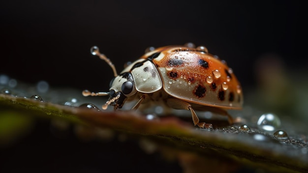 A ladybug with black spots on its back sits on a branch.