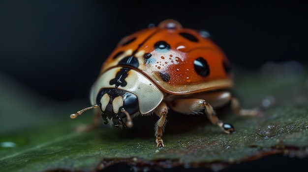 背中に黒い斑点のあるてんとう虫が葉の上に座っています。