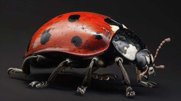 Photo a ladybug with a red face and black spots is shown