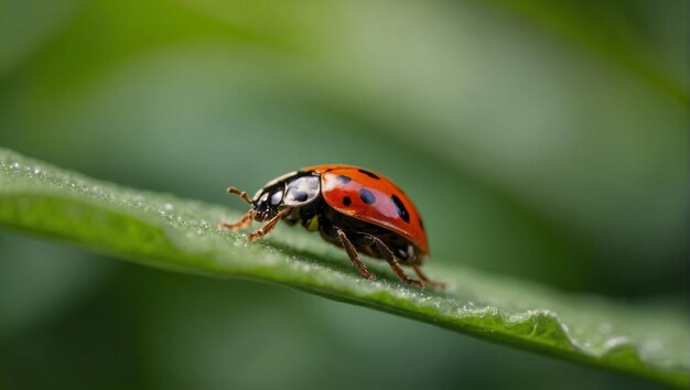 a ladybug with a red face sits on a green leaf