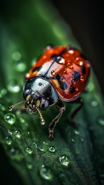 A ladybug with water droplets on it