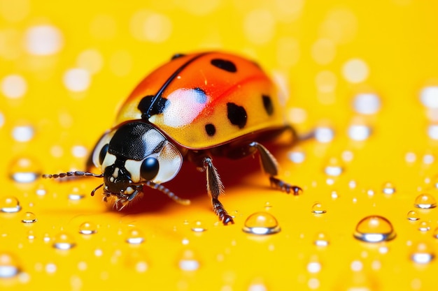 Ladybug on a yellow background with water drops closeup