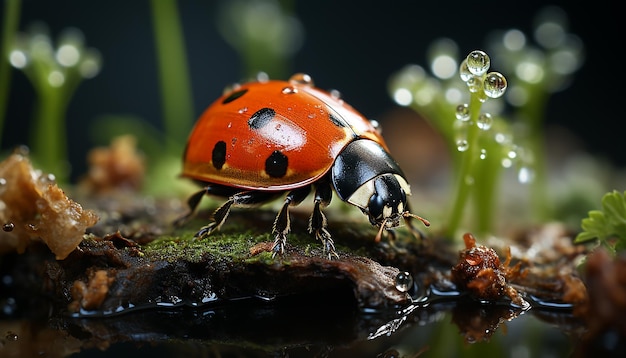 Ladybug zit op nat blad en toont schoonheid in de natuur gegenereerd door AI