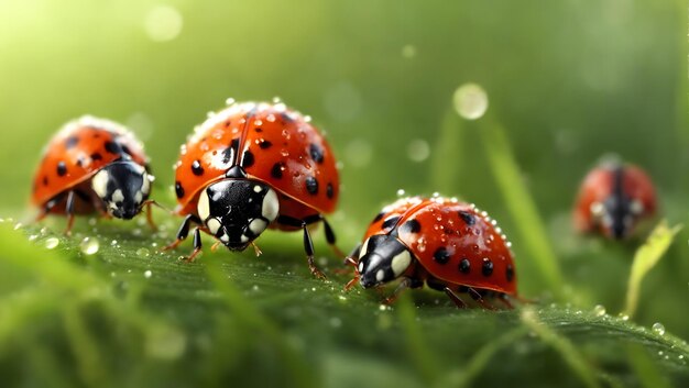 Ladybugs family on a dewy grass Close up with shallow DOF