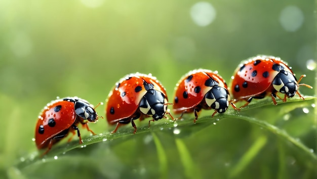 Ladybugs family on a dewy grass Close up with shallow DOF