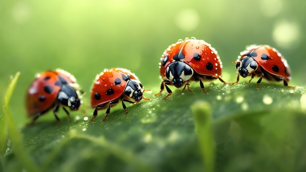 Ladybugs family on a dewy grass Close up with shallow DOF