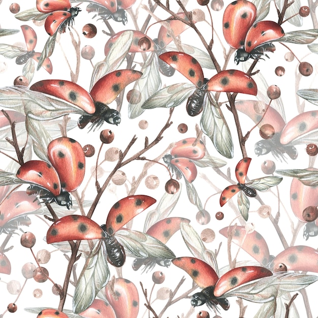 Ladybugs in flight from different angles against the background of autumn apple branches Watercolor illustration hand drawn Seamless pattern on white background