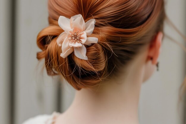 Ladys peach hair accessory in bun