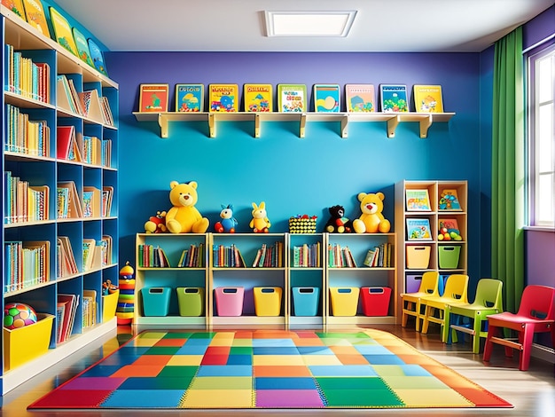 Laerschool kleuterschool speelkamer boekenplank met boeken en speelgoed kinderen bibliotheek kleuterschool