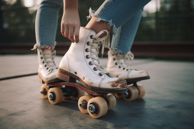 Lage deel van vrouw koppelverkoop rolschaatsen kant