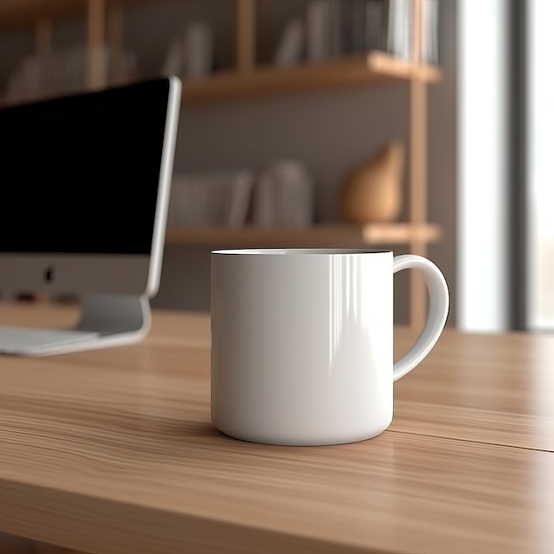 Lage hoek geschoten 3D render van witte mok mockup op de desktop tafel met computer achtergrond