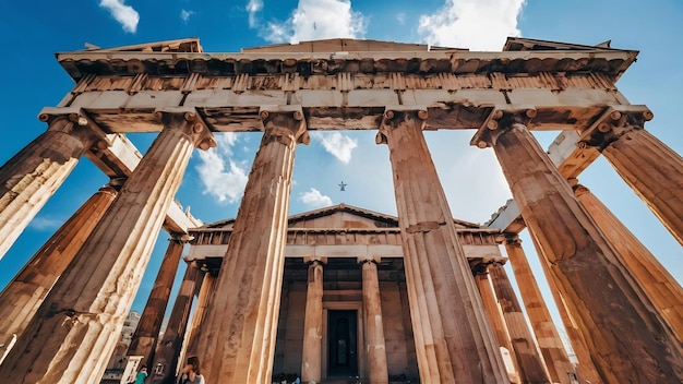 Lage hoek opname van de zuilen van het pantheon van de acropolis in Athene Griekenland onder de lucht