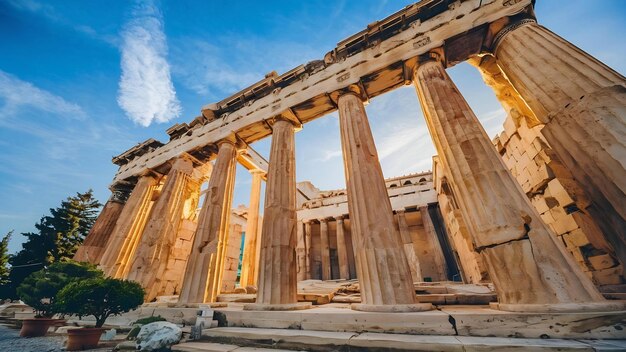 Lage hoek opname van de zuilen van het pantheon van de acropolis in Athene Griekenland onder de lucht